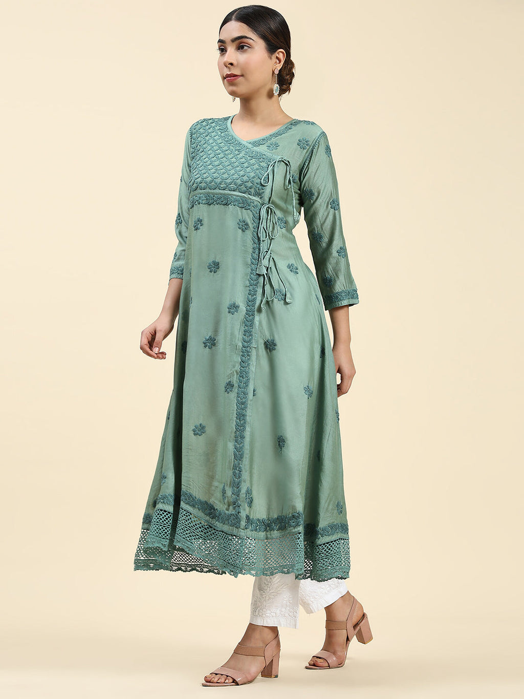 HOUSE OF KARI Embroidered Chikankari Chanderi Silk Anarkali Kurta | Grocsy