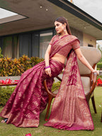 Tikhi Imli Pink Ethnic Motifs Woven Design Zari Saree | Grocsy