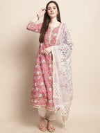 Sangria Pink Floral Printed Yoke Embroidered Pure Cotton Kurta With Trouser & Dupatta | Grocsy