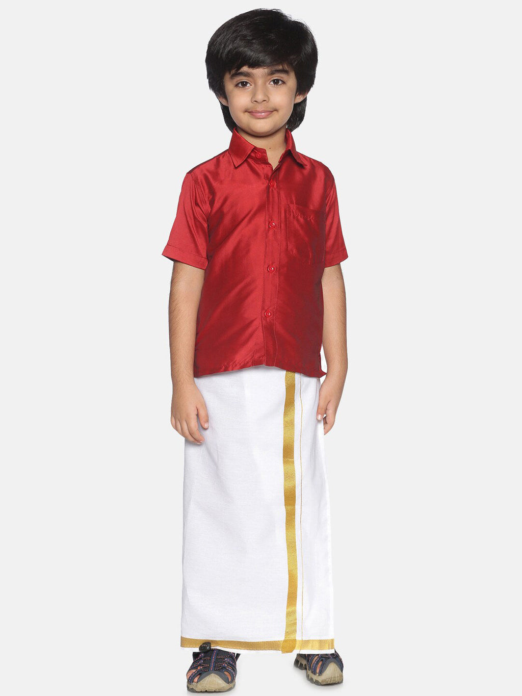 Sethukrishna Boys Red & White Shirt With Veshti Set | Grocsy