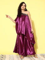 InWeave Women's Wine Navy Brocade Satin Oneshoulder Kurta Set | Grocsy
