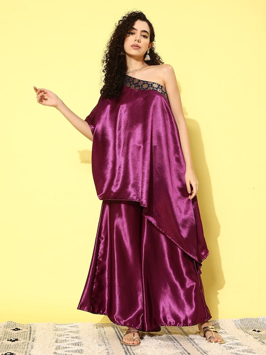 InWeave Women's Wine Navy Brocade Satin Oneshoulder Kurta Set | Grocsy