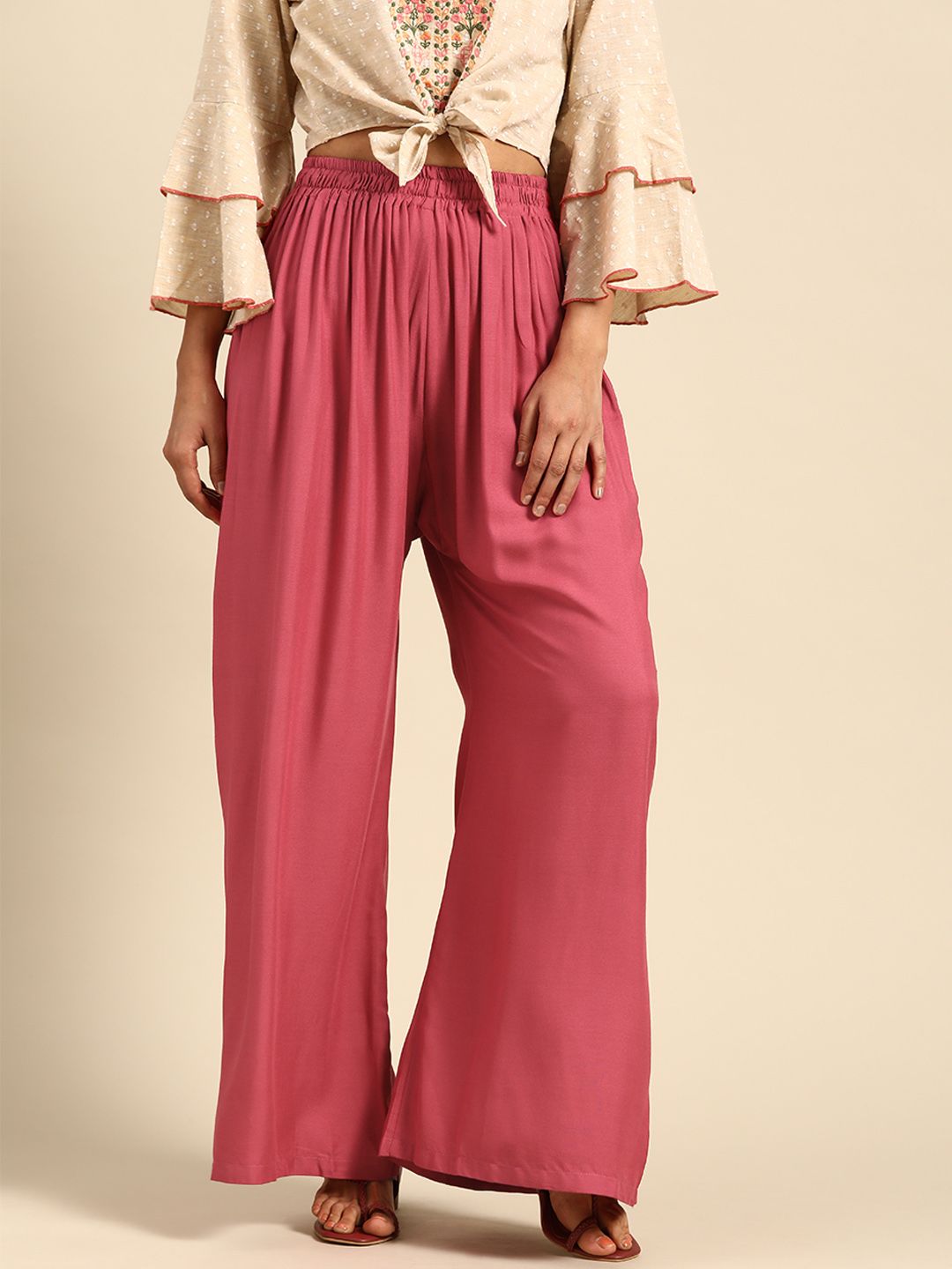 TAG 7 Women Pink Solid Wide Leg Palazzos | Grocsy