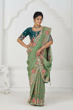 Kesar Fab Grace In Green: Multi-Thread Embroidered With Floral Elegance Saree | Grocsy