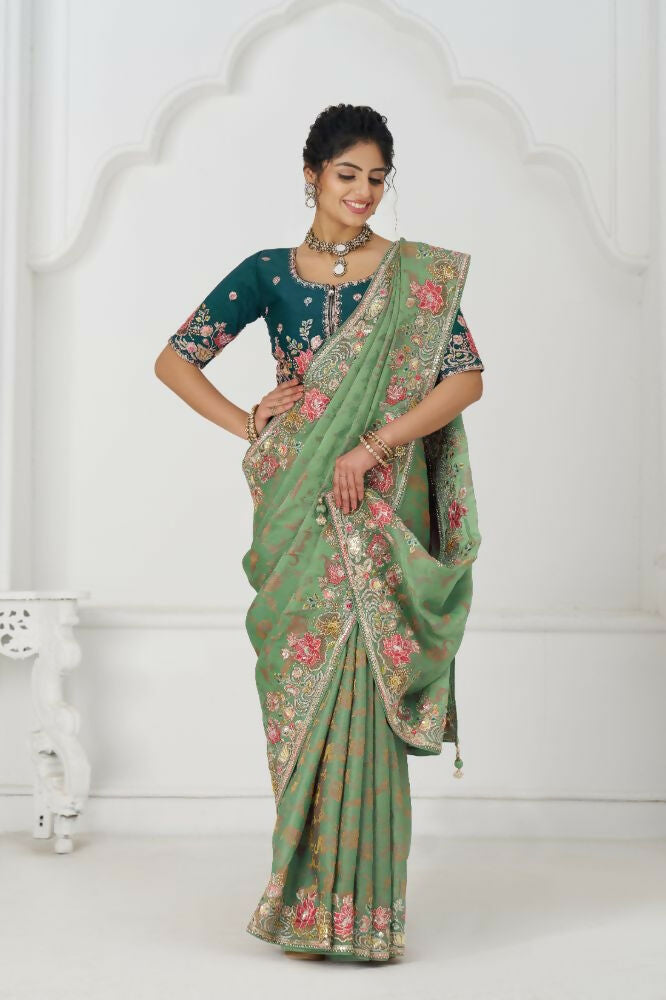 Kesar Fab Grace In Green: Multi-Thread Embroidered With Floral Elegance Saree | Grocsy