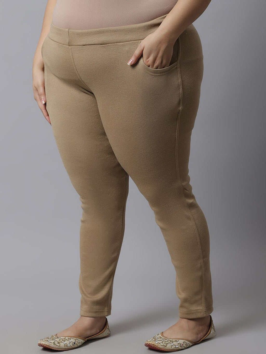 TAG 7 Women Plus size Beige Solid Ankle-Length Leggings | Grocsy