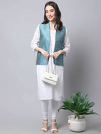 Even Apparels Blue Bansari Silk Open Front Gillet | Grocsy