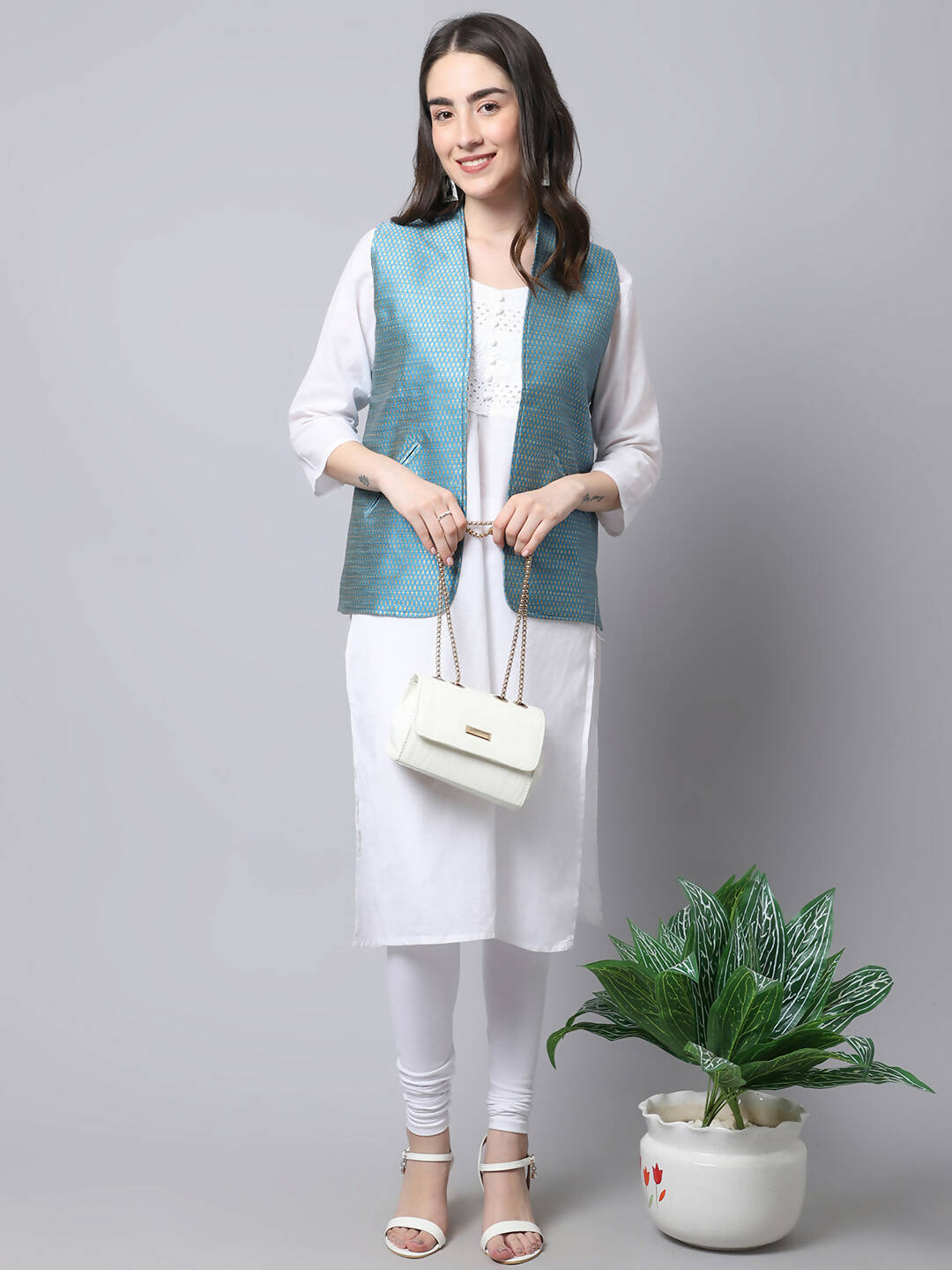 Even Apparels Blue Bansari Silk Open Front Gillet | Grocsy