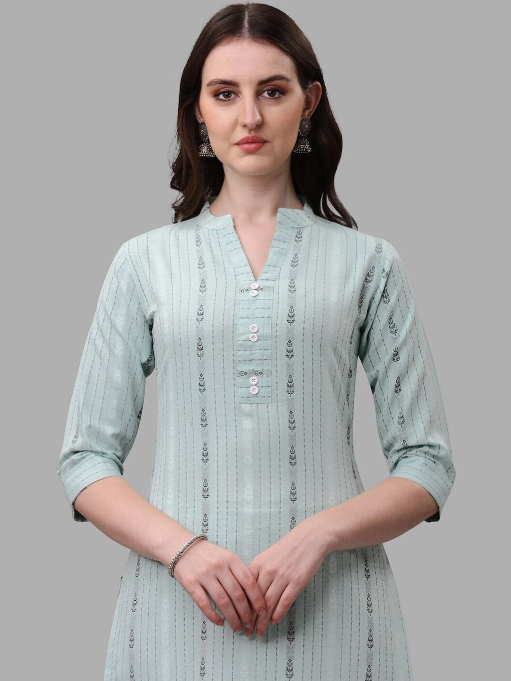 HERE&NOW Turquoise Blue Striped Regular Pure Cotton Kurta With Trousers & Dupatta | Grocsy