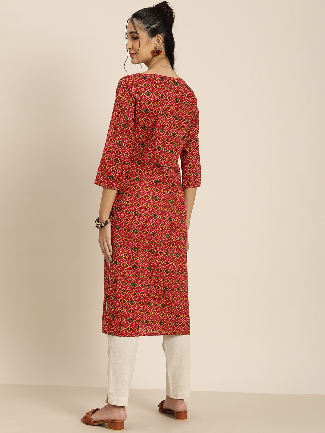 Sangria Women Pink & Green Pure Cotton Bandhani Printed Kurta | Grocsy