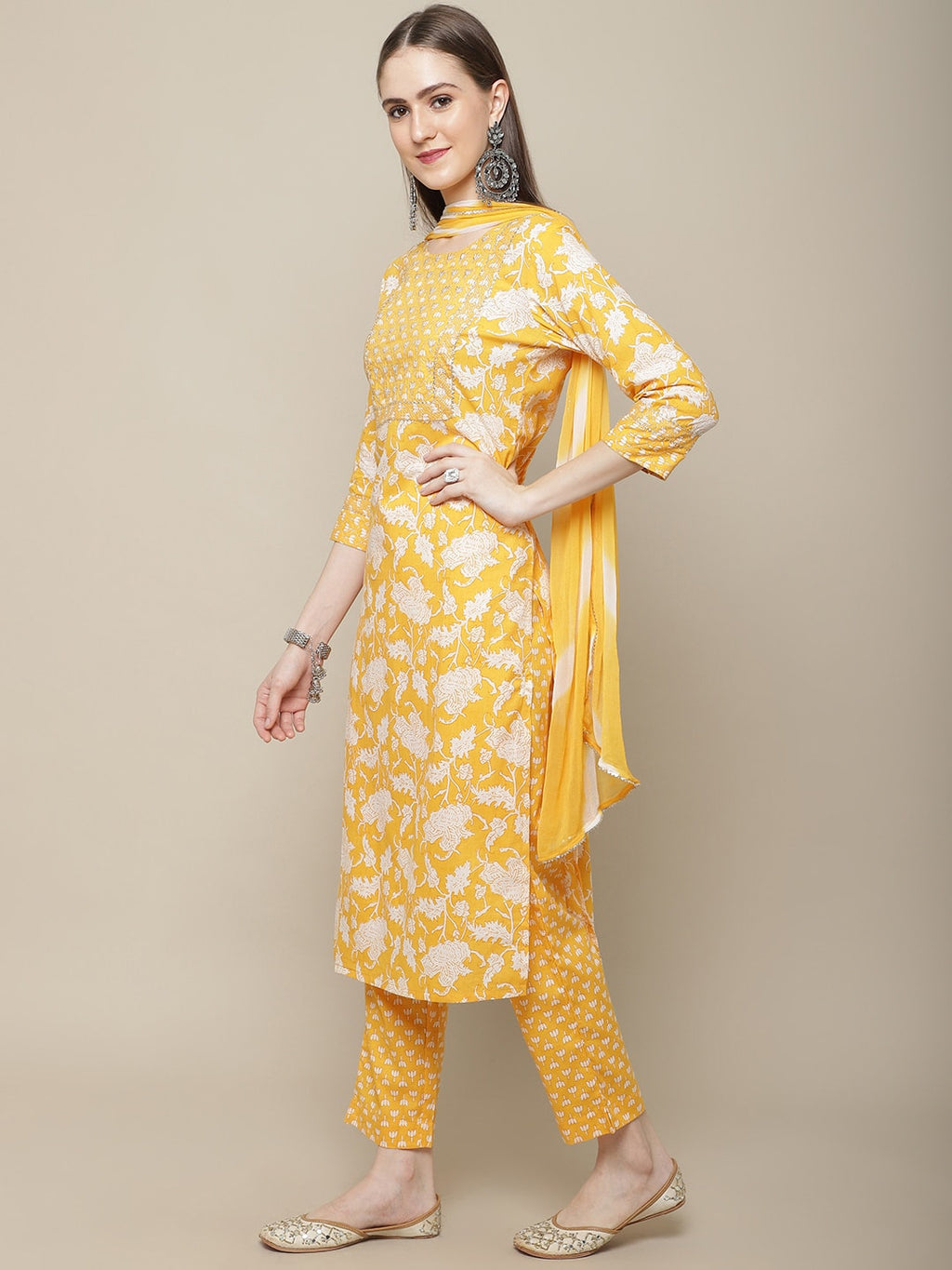 Sangria Women Floral Printed Pure Cotton Kurta with Trousers & With Dupatta | Grocsy