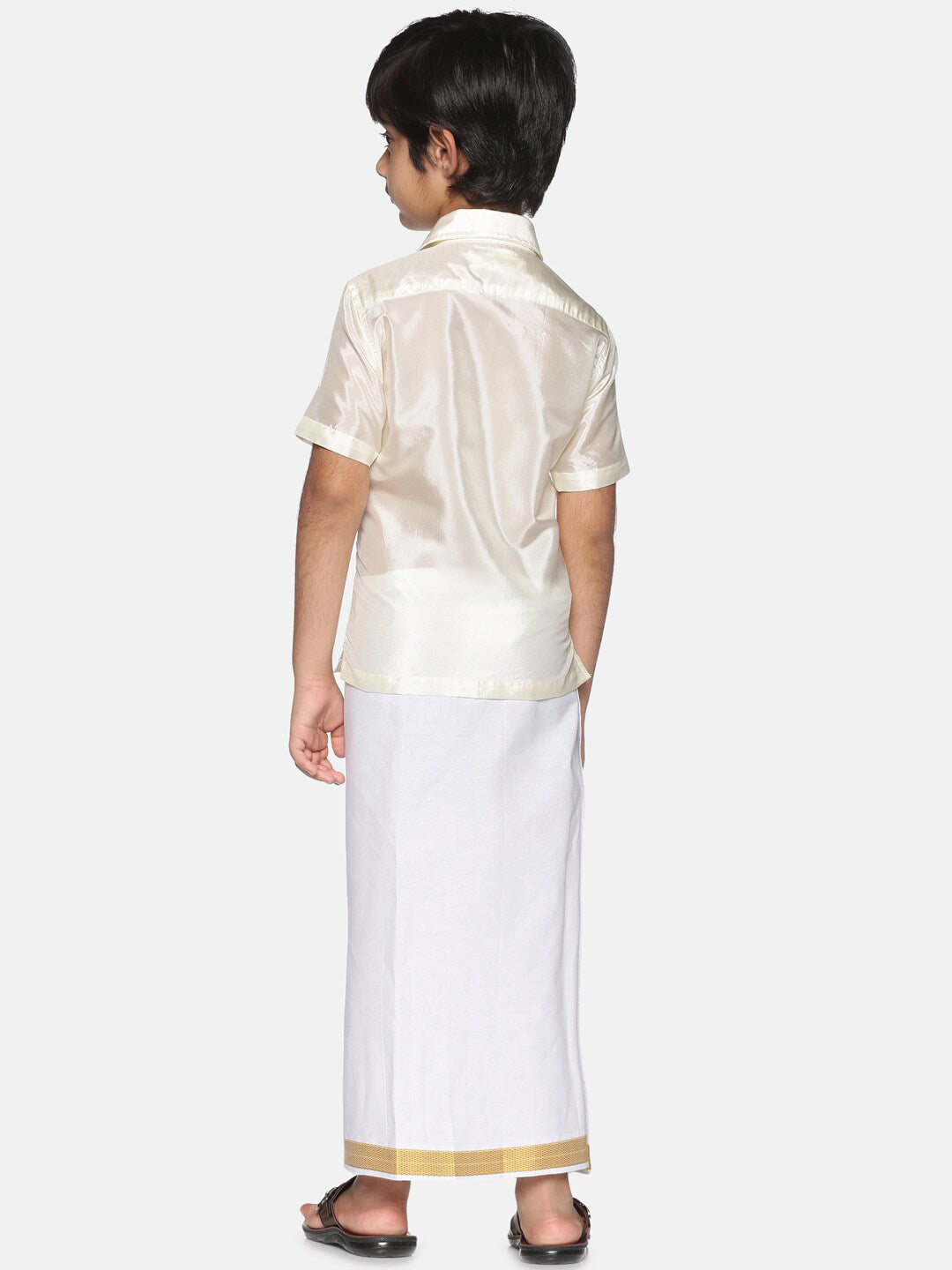 Sethukrishna Boys Cream-Coloured & Gold-Toned Shirt with Dhoti Set | Grocsy