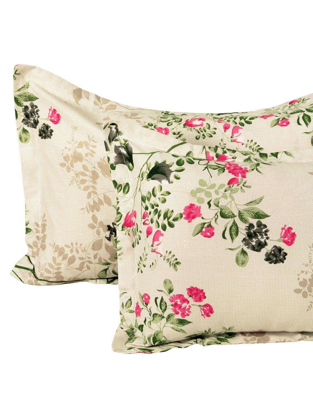 Story@home Ventura Cream & Green Floral 152 TC Cotton Queen Bedsheet with 2 Pillow Covers | Grocsy