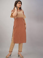 HERE&NOW Maroon & Beige Ethnic Motifs Printed Shirt Collar Kurta with Trousers | Grocsy
