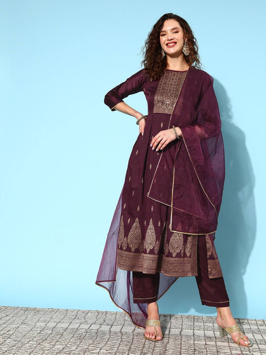 Sangria Ethnic Motifs Yoke Design Pleated Chanderi Silk Kurta with Trousers & Dupatta | Grocsy