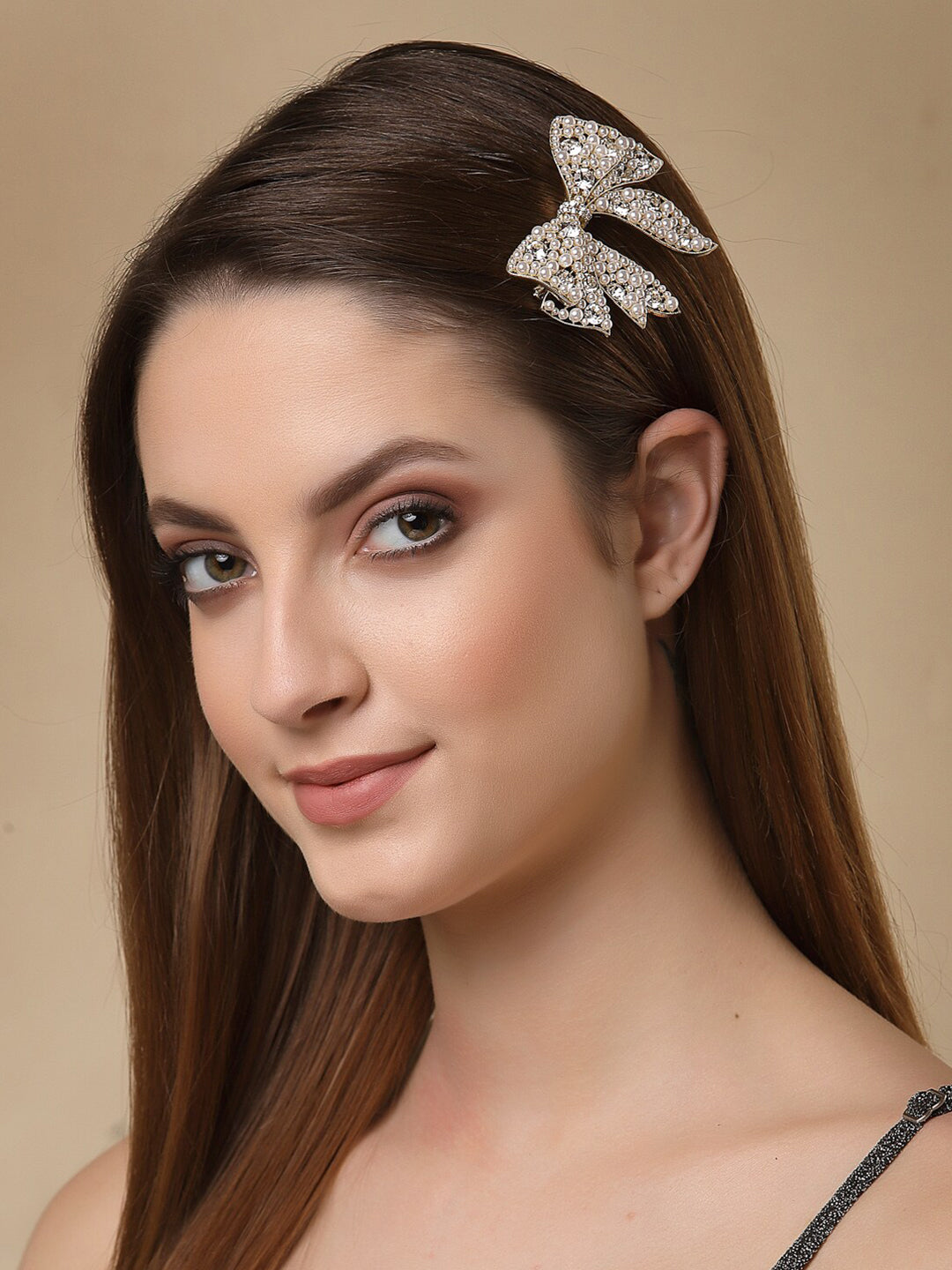 Panash Women Gold-Toned & White Embellished Bow-Shaped Alligator Hair Clip | Grocsy
