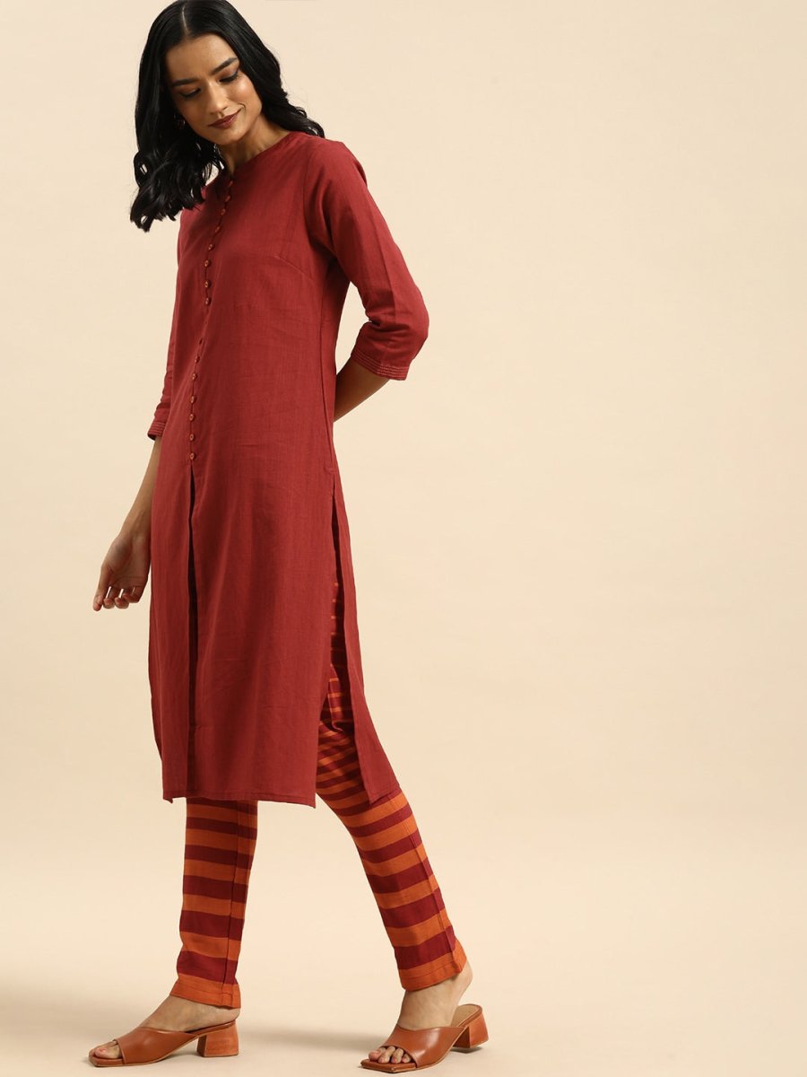 All About You Women Red & Orange Pure Cotton Kurta with Trousers | Grocsy