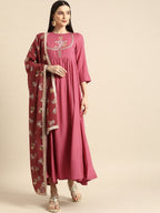 All About You Women Rust Pink Ethnic Motifs Yoke Design Thread Work Kurta with Dupatta | Grocsy