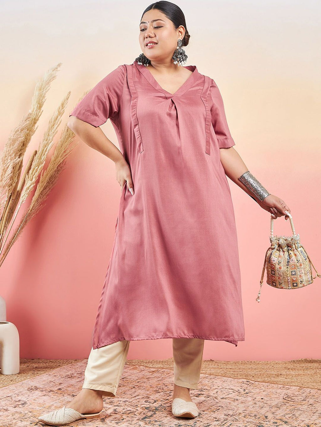 Sztori V-Neck Straight Kurta With Trouser | Grocsy
