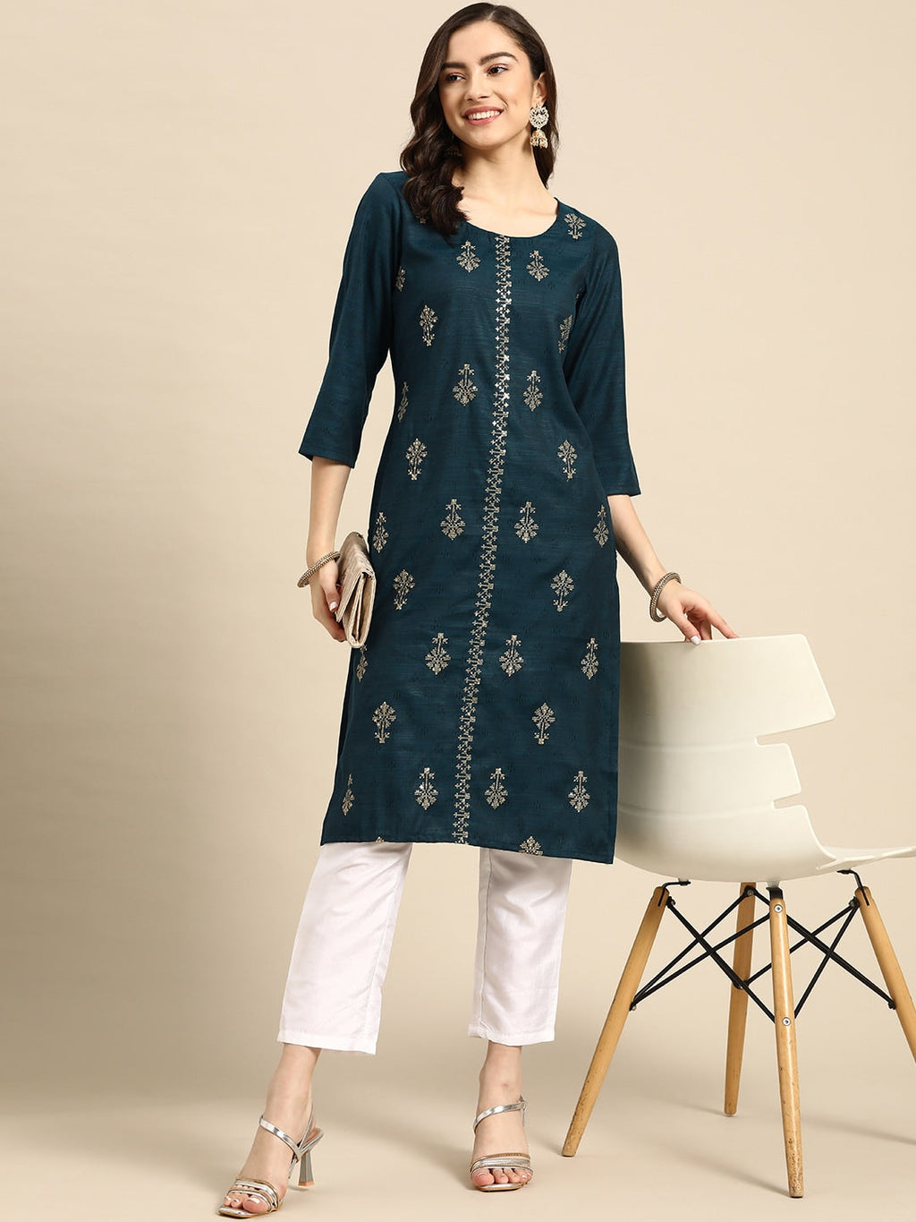 Sangria Teal Blue & Golden Embroidered Regular Kurta | Grocsy