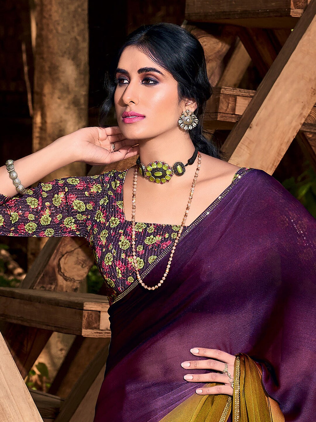 Saree Mall Purple & Beige Ombre Embroidered Sarees | Grocsy