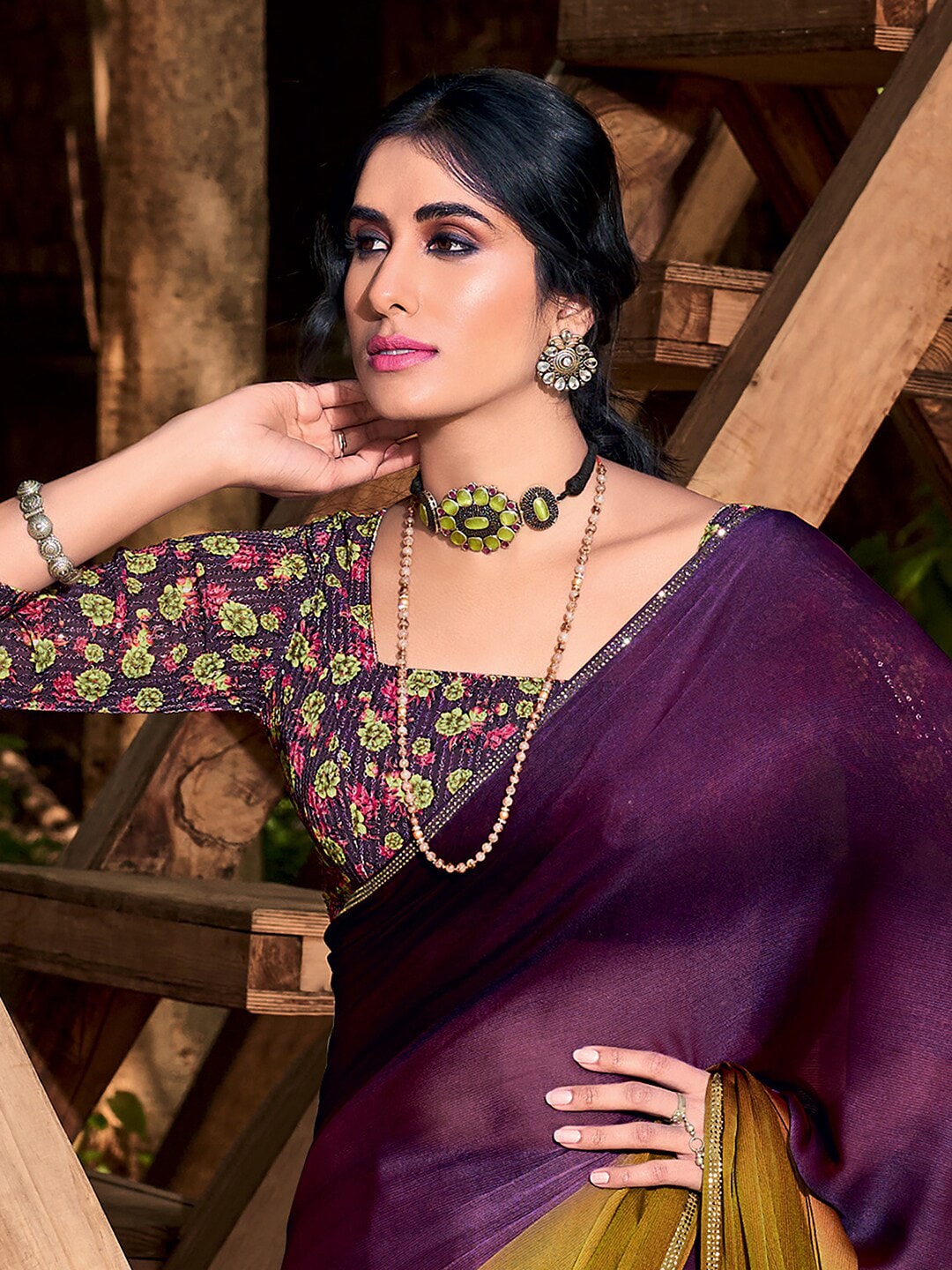 Saree Mall Purple & Beige Ombre Embroidered Sarees | Grocsy