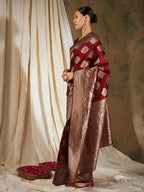 Sangria Maroon Ethnic Motifs Woven Design Zari Banarasi Saree | Grocsy