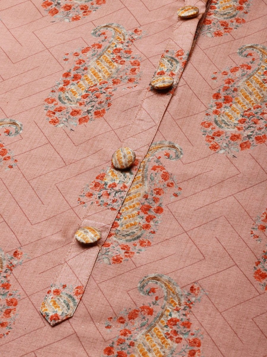 All About You Women Pink Paisley Print Mandarin Collar Pastels Chanderi Silk Blend Kurta | Grocsy