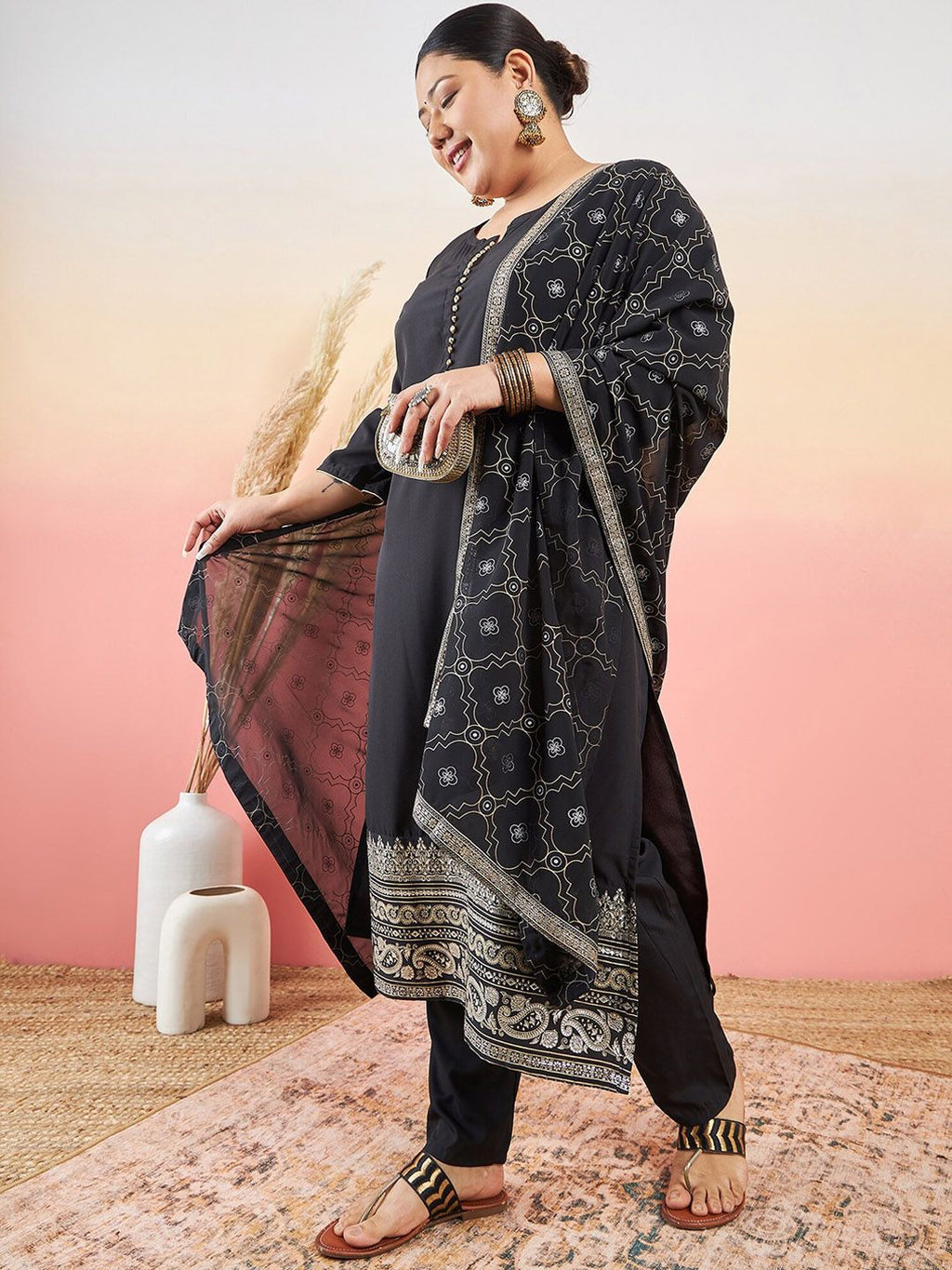 Sztori Paisley Printed Round Neck Straight Kurta With Trouser & Dupatta | Grocsy