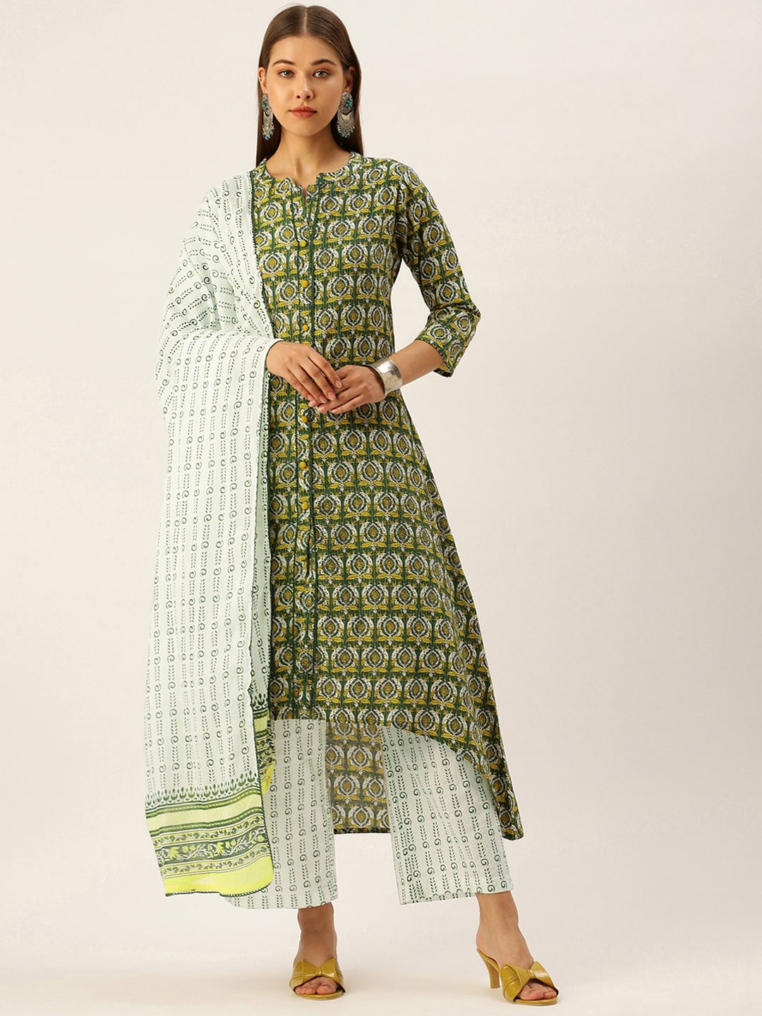 HERE&NOW Women Ethnic Motifs Printed Empire Pure Cotton Kurta with Palazzos & With Dupatta | Grocsy