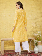 ADA Women Yellow & White Chikankari Embroidered Straight Sustainable Handloom Kurta | Grocsy