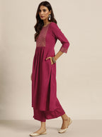 Sangria Women Magenta & Golden Printed Kurta with Palazzos & Dupatta | Grocsy