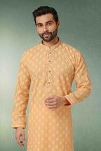 Raivat Ethnic Cotton Printed Work Kurta Pajama In Peach Colour | Grocsy