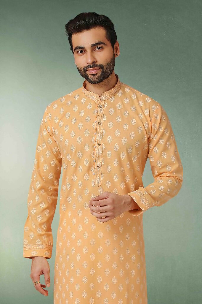 Raivat Ethnic Cotton Printed Work Kurta Pajama In Peach Colour | Grocsy