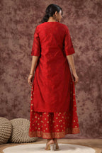 Juniper Women Maroon Chanderi Silk Embroidered & Printed Layered Dress | Grocsy
