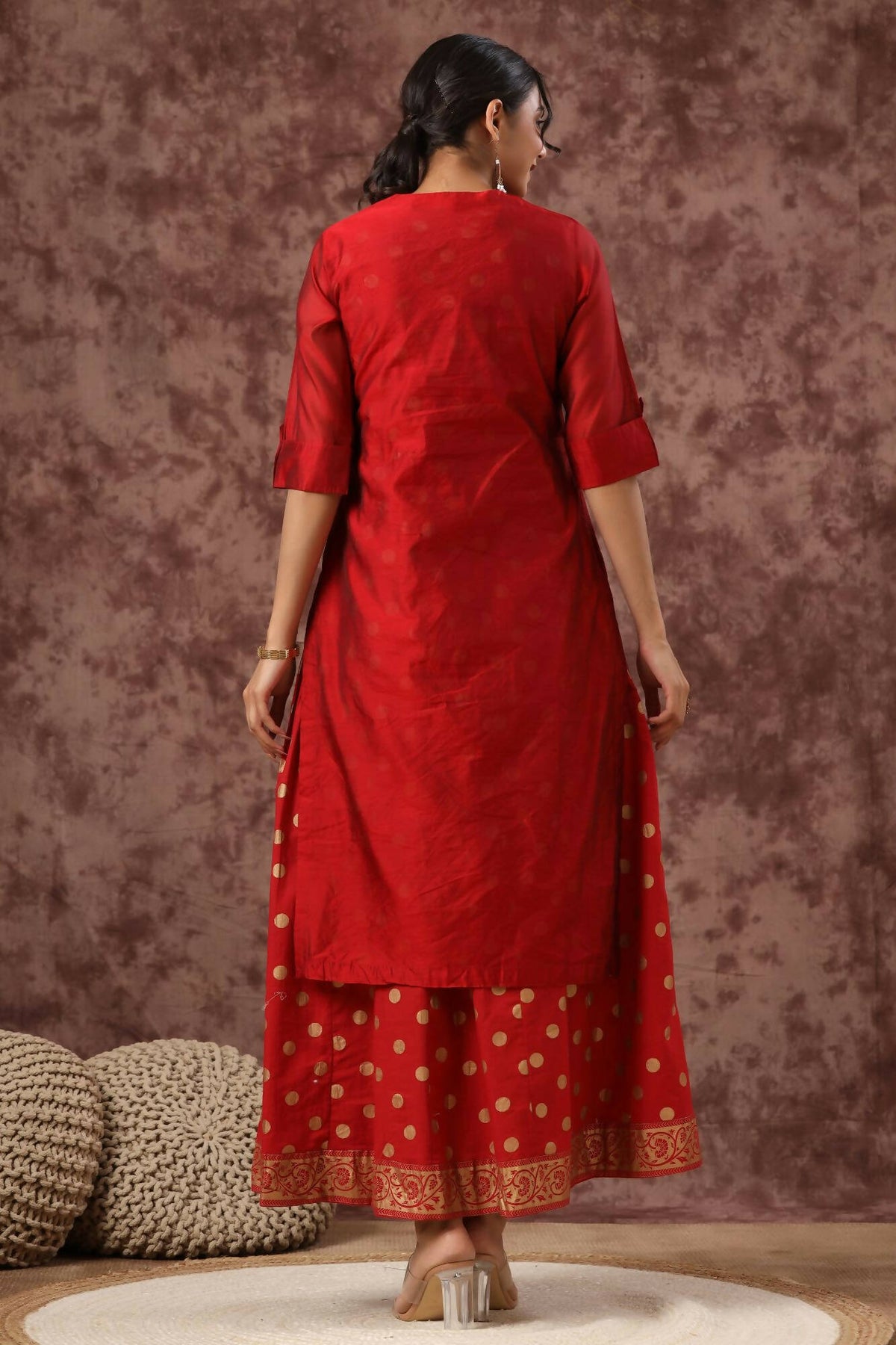 Juniper Women Maroon Chanderi Silk Embroidered & Printed Layered Dress | Grocsy