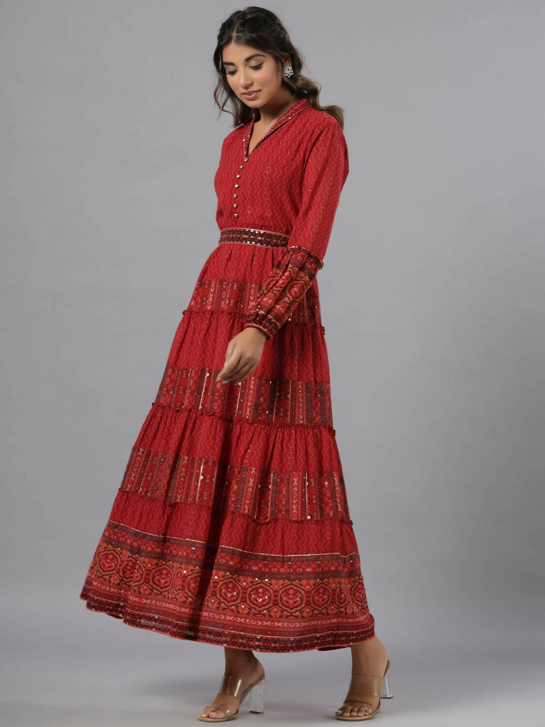 Juniper Women Rust Georgette Printed Tiered Maxi Dress | Grocsy