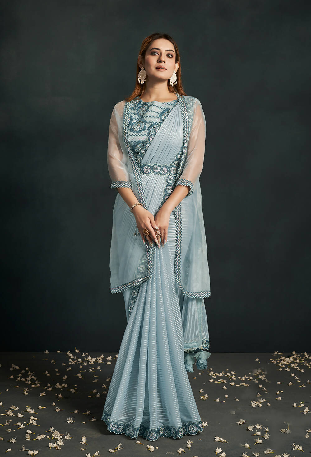 Light Blue Pattern Jari Georgette Cord Sequence & Thread Embroidered & Stone Work Saree - Moh-Manthan Royal Enigma | Grocsy
