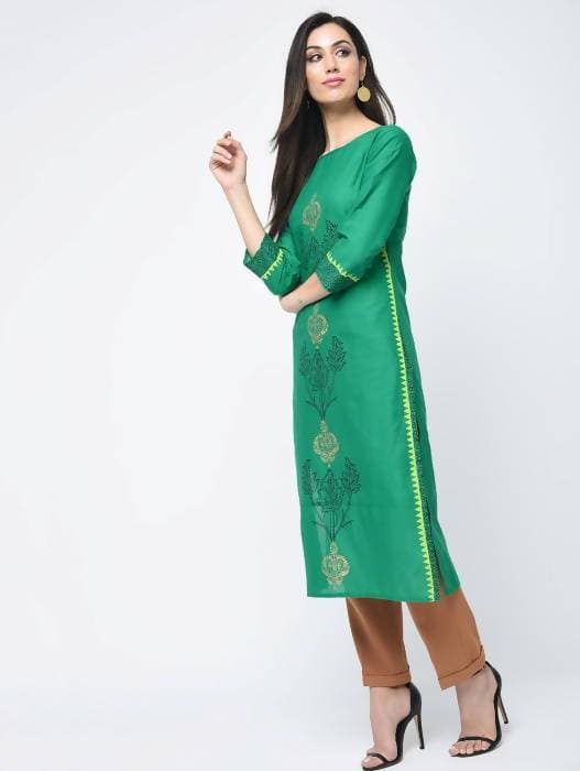 Aniyah Cotton Block Printed Turquoise Color Straight Kurta (AN-130K) | Grocsy