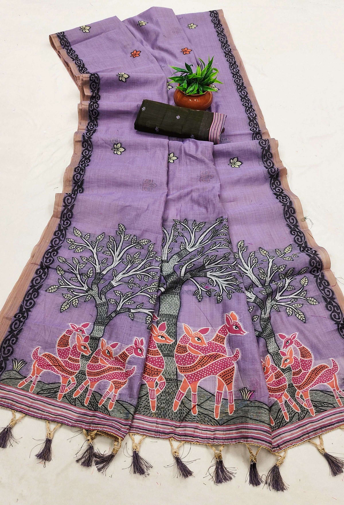 Vastranavya Lavender Muga Cotton Meenakari & Azarakh Pallu Saree with Contrast Blouse | Grocsy
