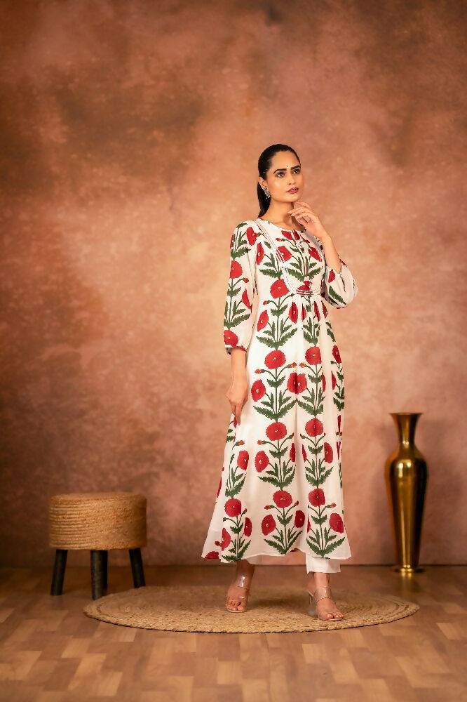 Joban Fashion Red Rose Floral Hand Block Printed Cotton Kurta Pant Set | Grocsy