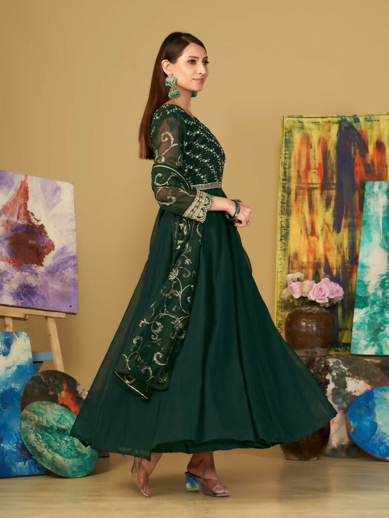 Jyoti Fashion Women's Bottle Green Georgette Embroidered Anarkali Kurta Pant Set With Dupatta | Grocsy