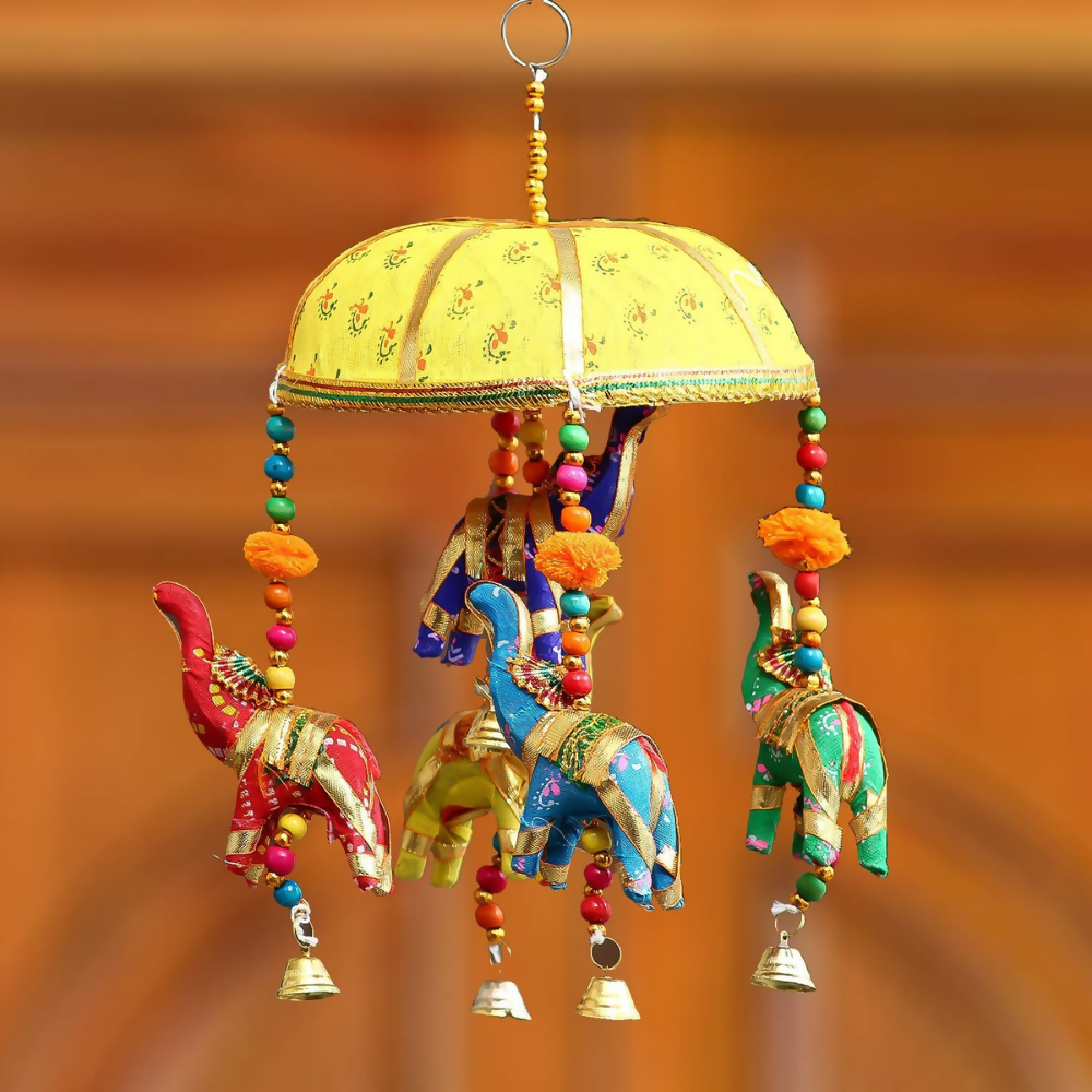 eCraftIndia Multicolor Handcrafted Decorative Five Elephant Wall/Door/Window Hanging Bells Wind Chimes Showpiece | Grocsy