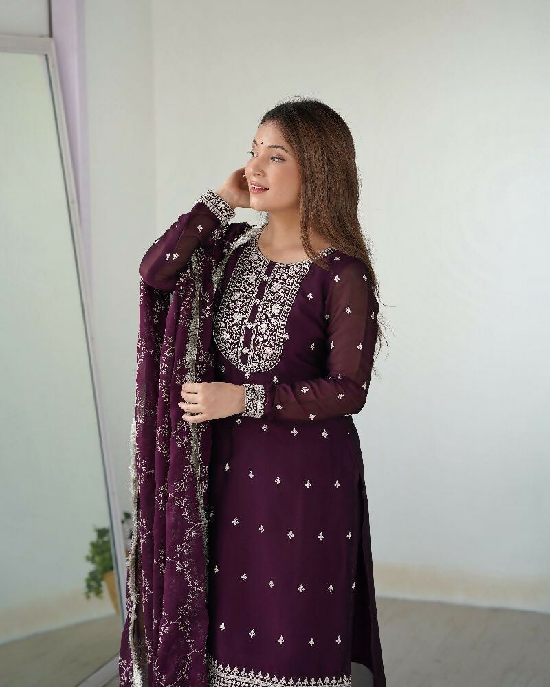 Joban Fashion Wine Kurta Set Silk Sequence Embroidery Work | Grocsy
