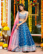 Jyoti Fashion Gorgeous Blue Sequins with Thread & Zari Embroidery Chinon Lehenga Choli with Dupatta | Grocsy