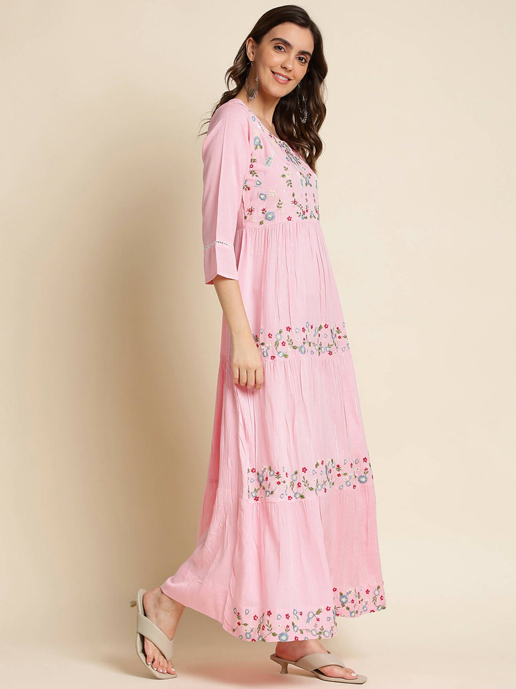 Pink Chinon Floral Embroidered Dress - Nandani | Grocsy