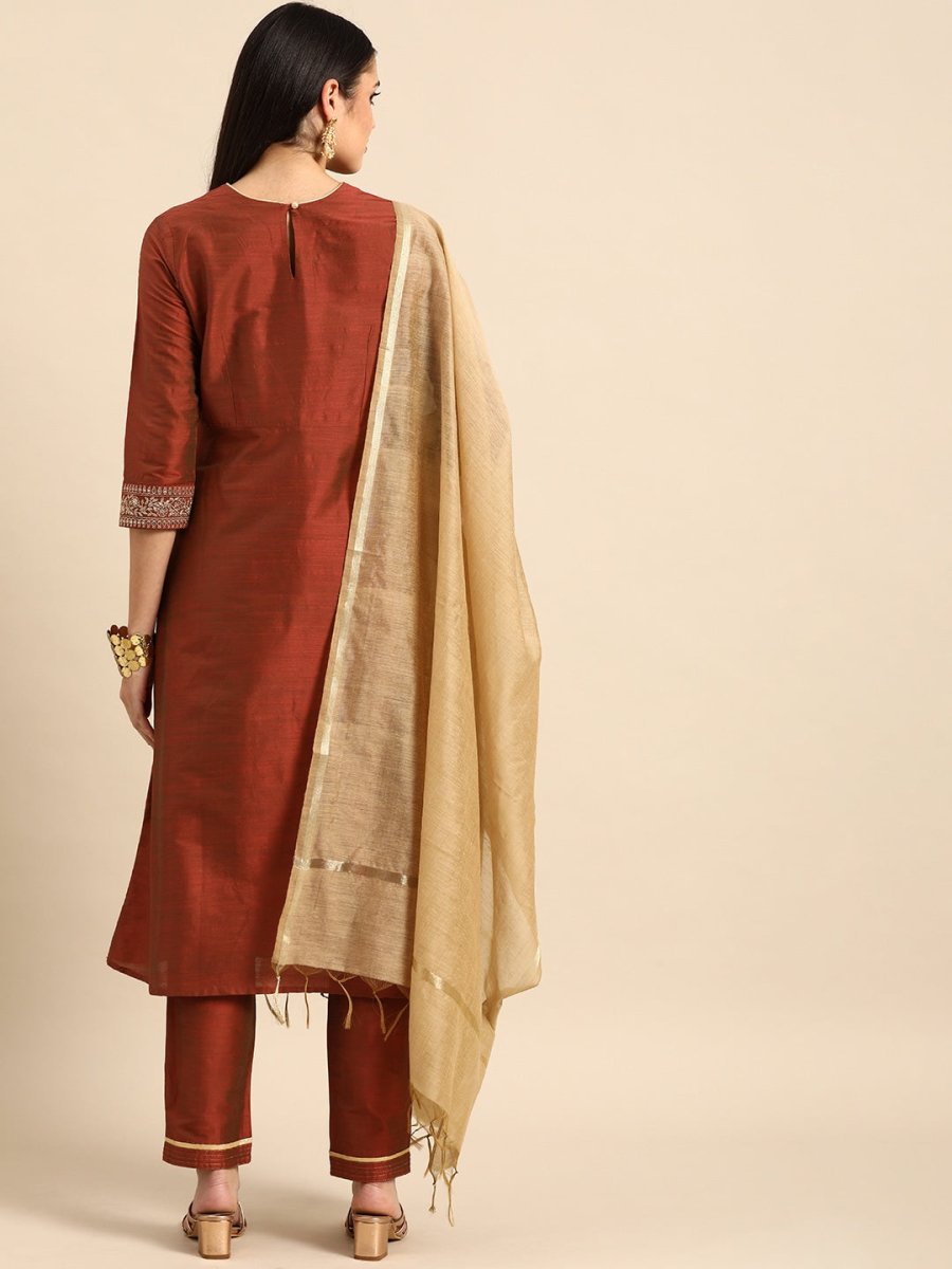 All About You Women Rust Embroidered Kurta with Trousers & Dupatta | Grocsy