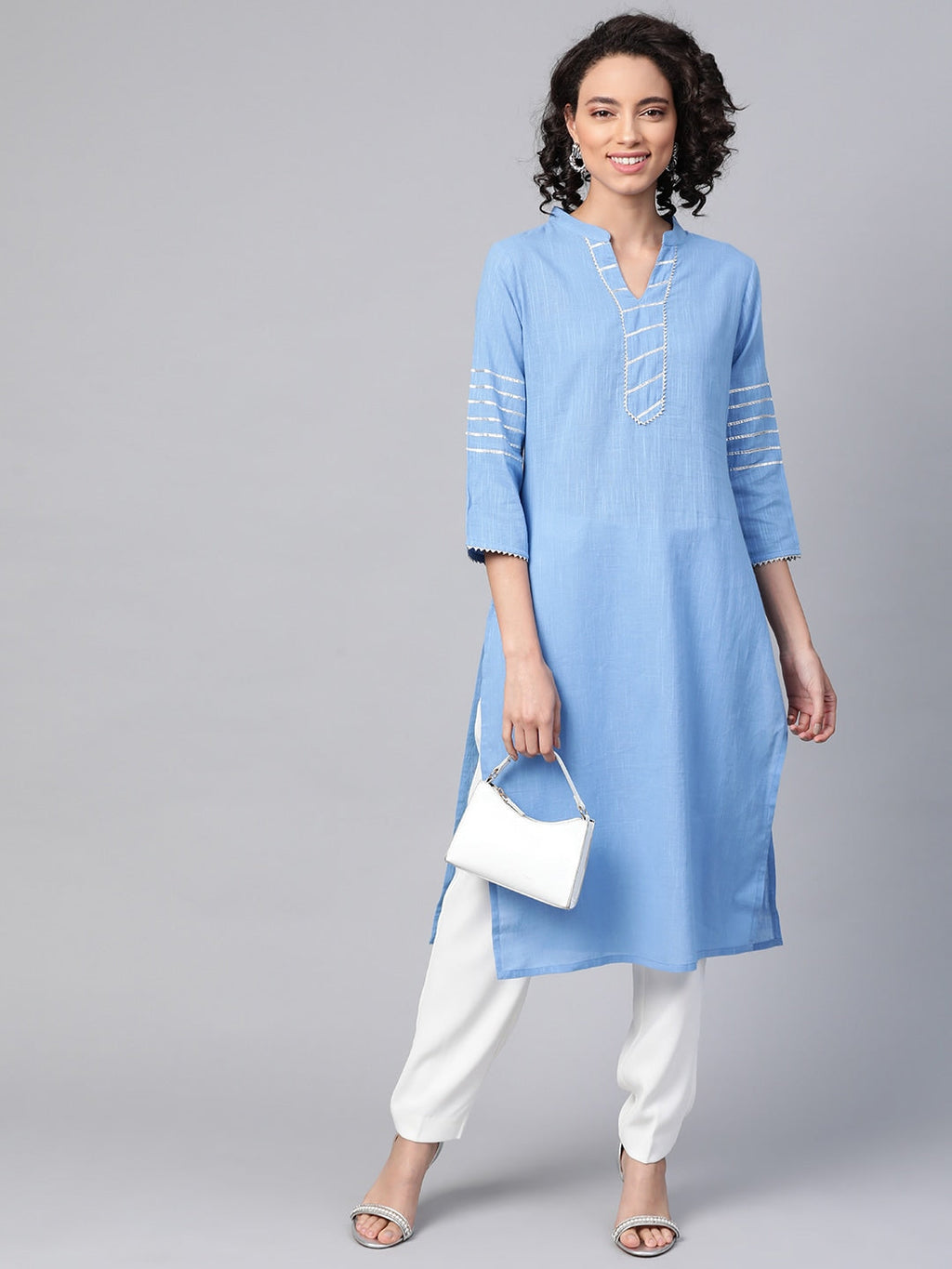 HERE&NOW Women Blue & White Pure Cotton Solid Straight Kurta | Grocsy