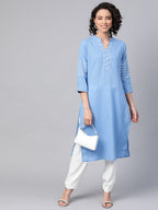 HERE&NOW Women Blue & White Pure Cotton Solid Straight Kurta | Grocsy