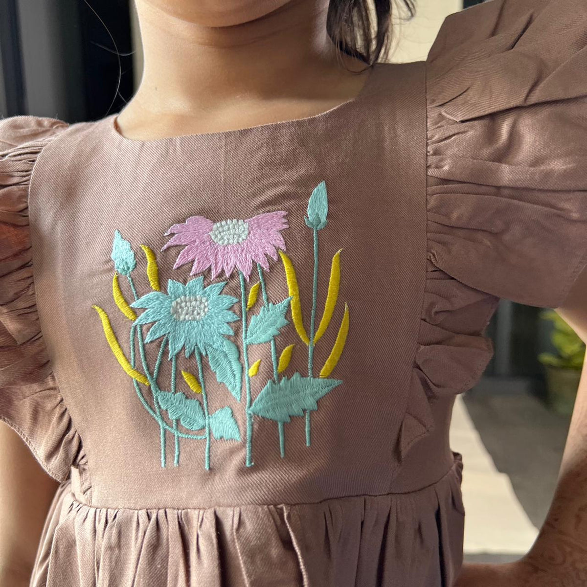 ArthLife Brown Flower Embroidered Frill Dress | Grocsy